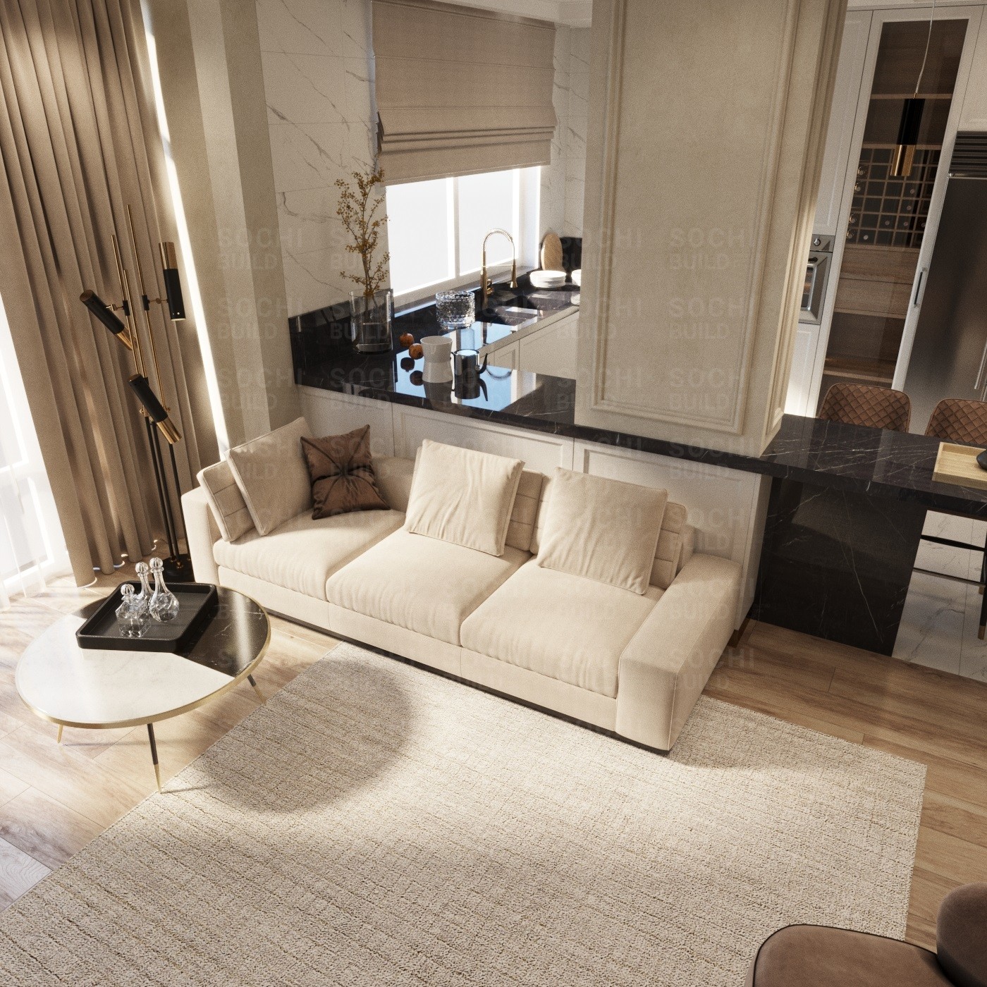 Дизайн квартиры в Сочи в стиле современная классика и ар-деко. Вид на гостевую зону и диван