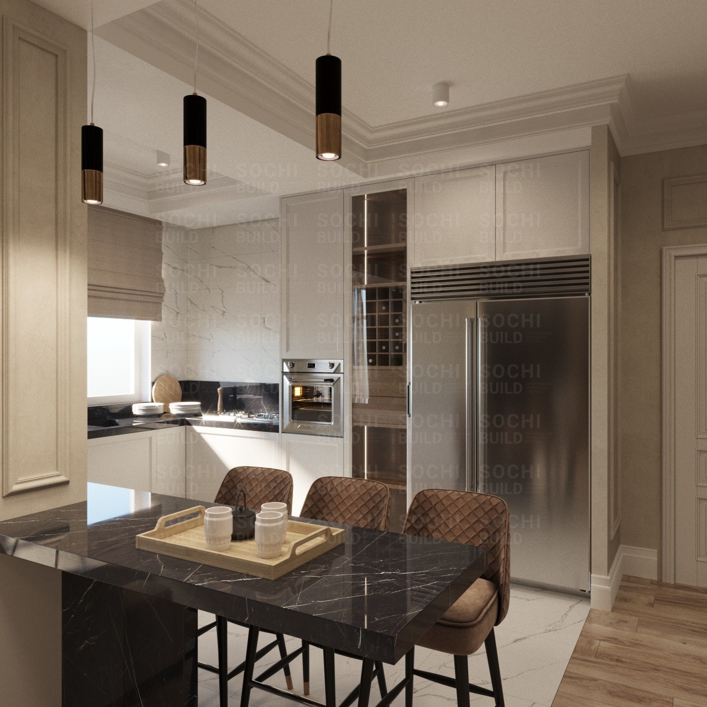 Дизайн квартиры в Сочи в стиле современная классика и ар-деко. Вид на кухню 
