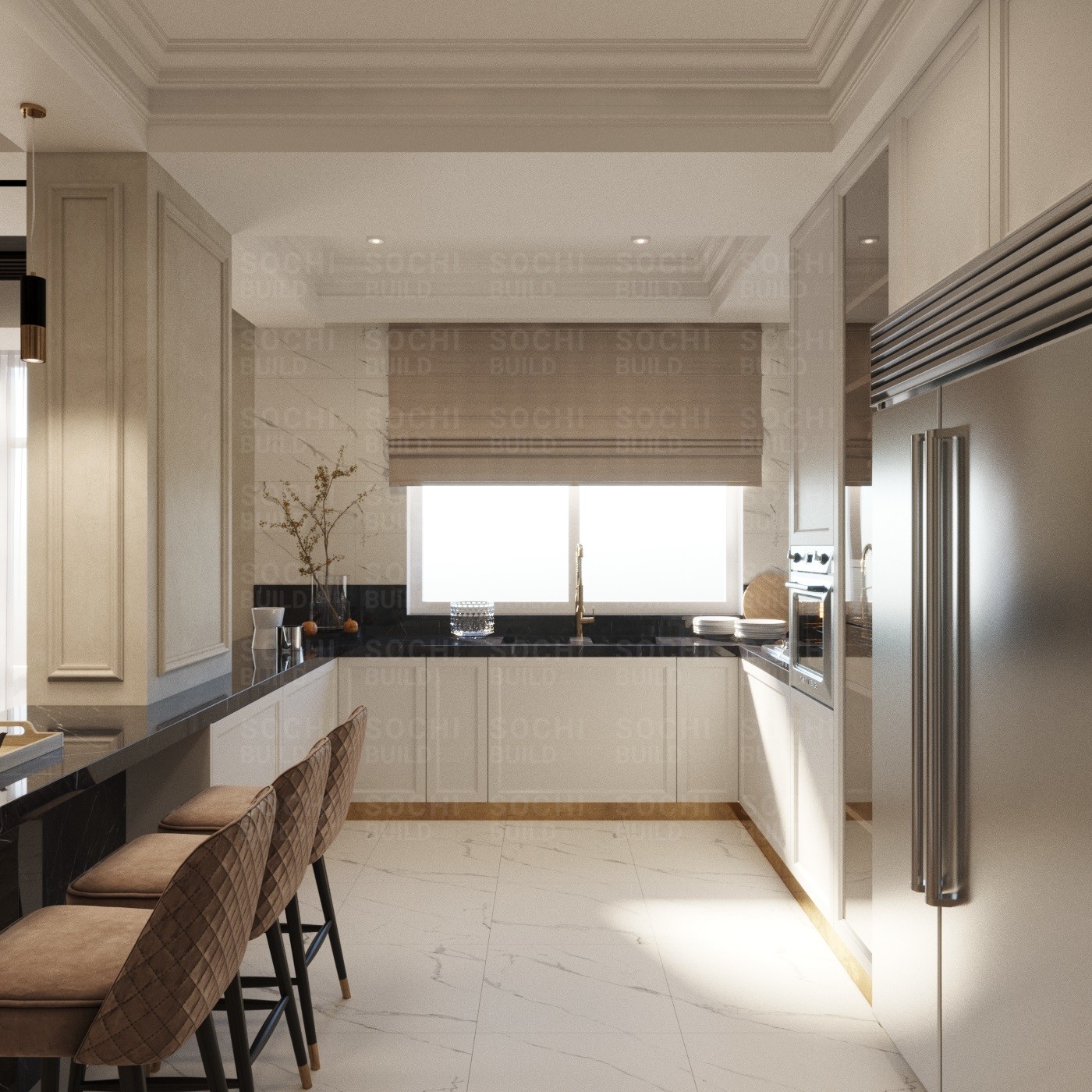 Дизайн квартиры в Сочи в стиле современная классика и ар-деко. Вид на кухню