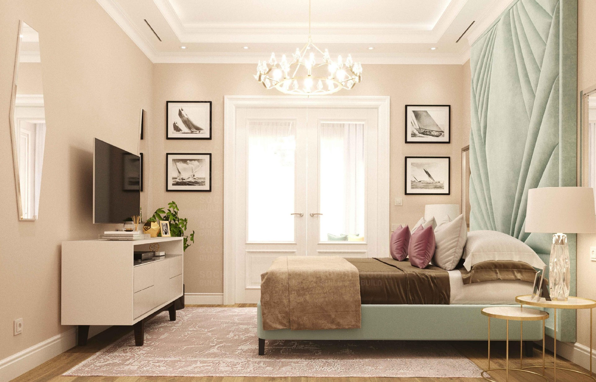 Дизайн квартиры в Сочи в стиле современная классика. Вид на кровать и тв в спальне