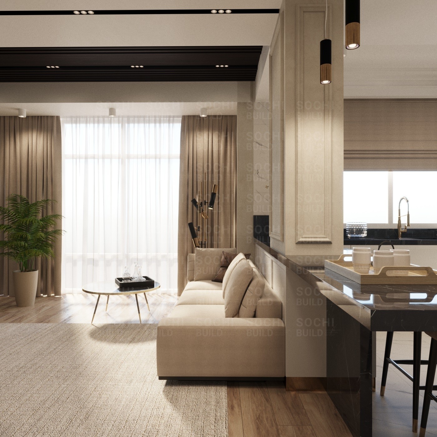 Дизайн квартиры в Сочи в стиле современная классика и ар-деко. Вид на гостиную-кухню