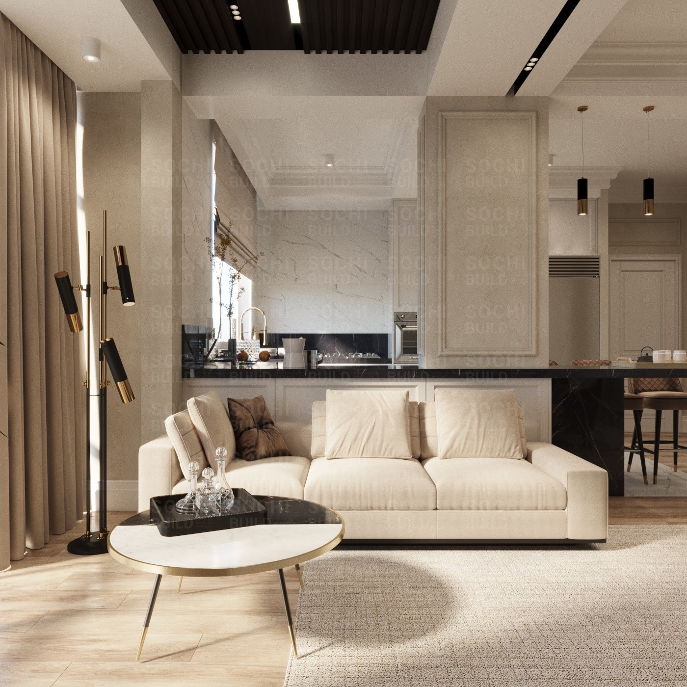Дизайн квартиры в Сочи в стиле современная классика и ар-деко. Вид на диван и кухню