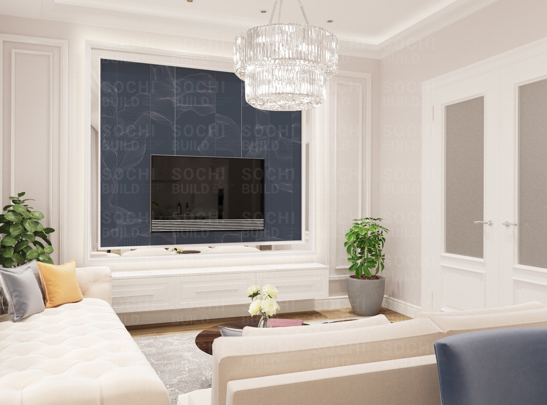 Дизайн квартиры в Сочи в стиле современная классика. Вид на ТВ зону