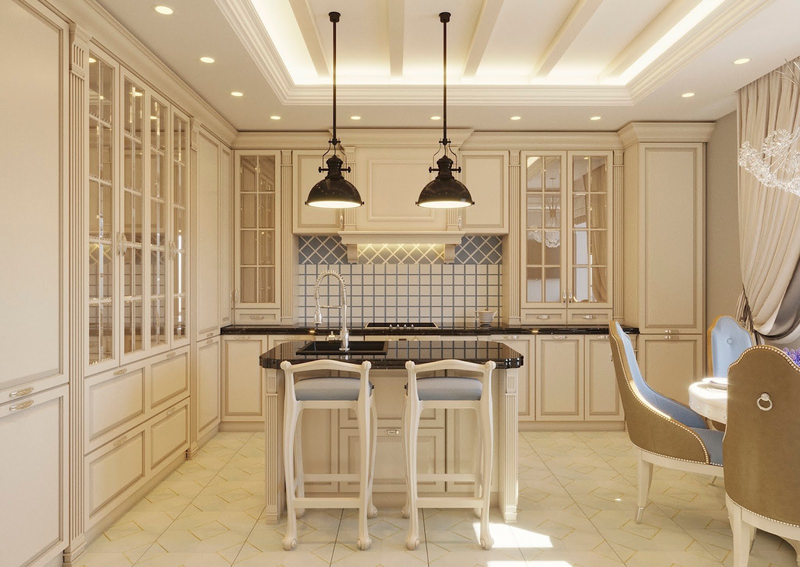 Кухня на заказ белая классическая угловая со стеклянными фасадами