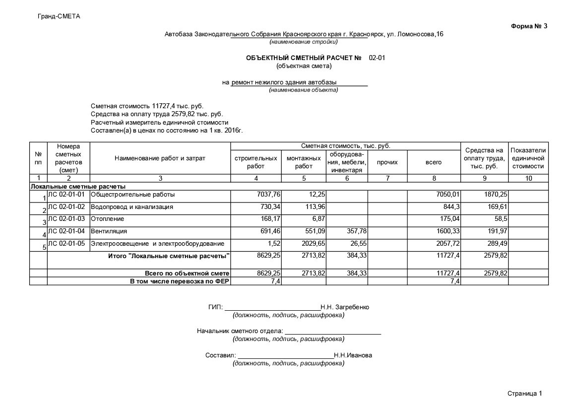 Образец заполнения сводный сметный расчет стоимости строительства